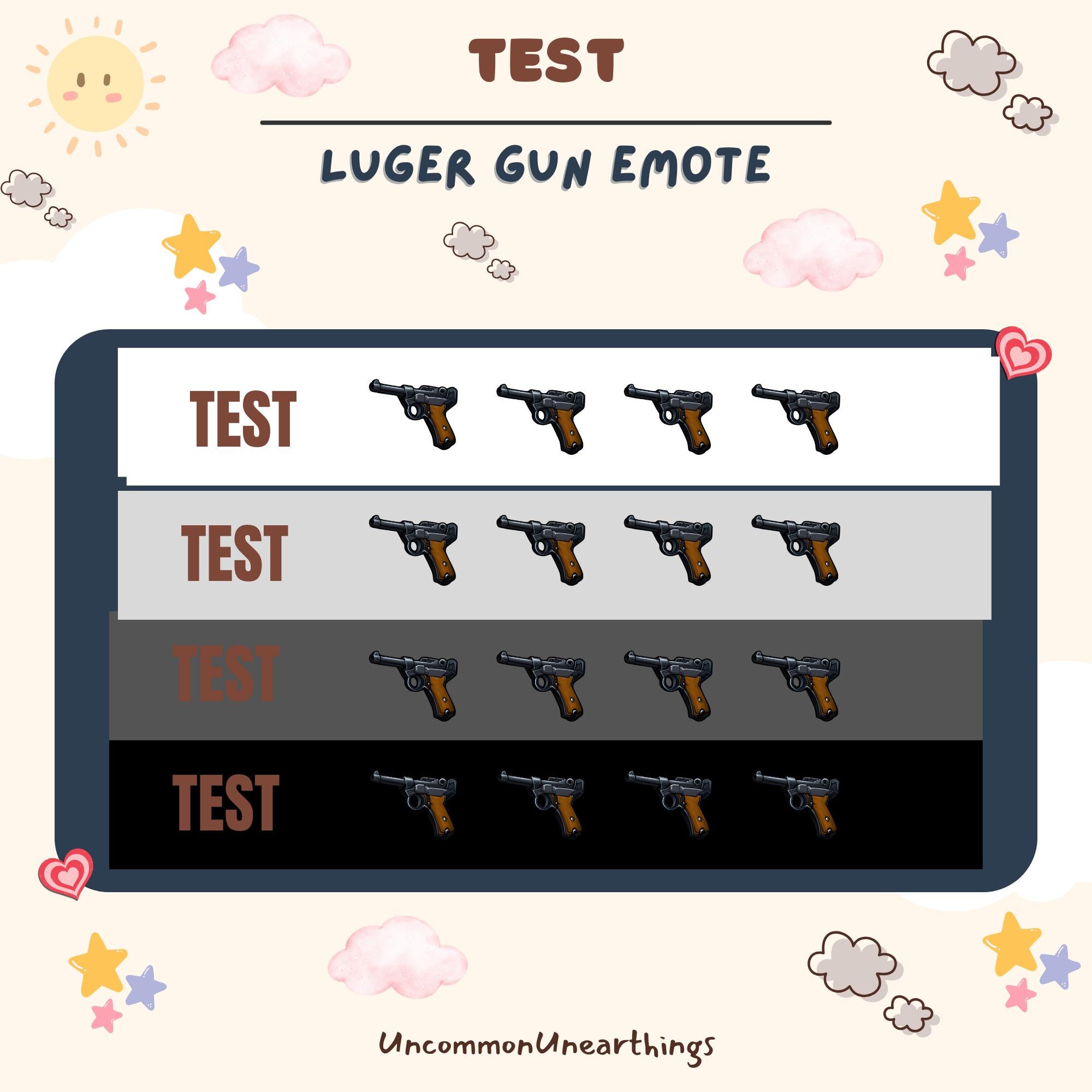 Luger Gun Emote Test Sheet - 4 Tier Variants for Twitch and Discord Streaming Emotes