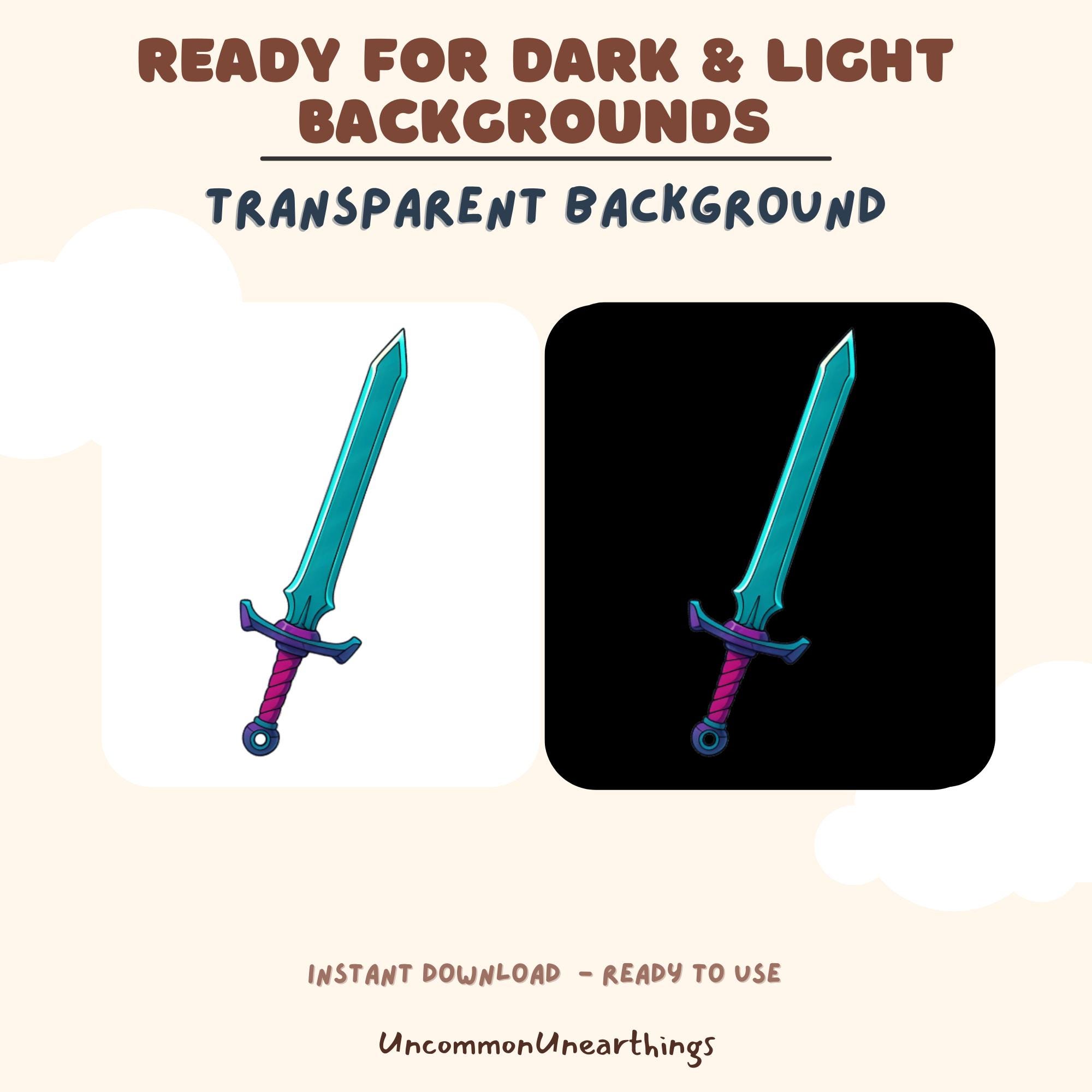 Teal and purple sword emote with transparent background, ready for light and dark backgrounds