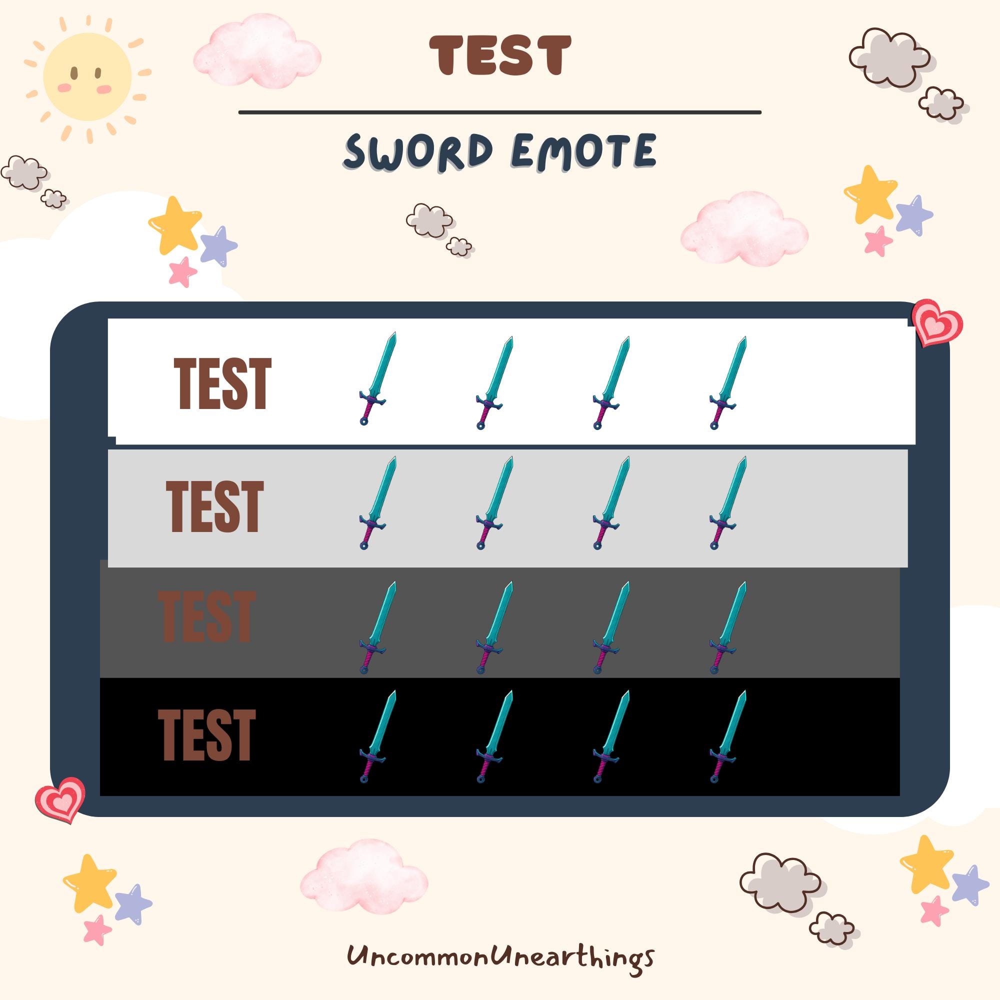 Sword emote test sheet showing four teal and purple sword designs on different colored backgrounds for Twitch Discord stre...