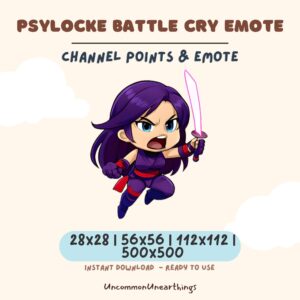Psylocke Battle Cry Twitch emote featuring purple-haired warrior with sword, available in 4 sizes for Discord and streamin...