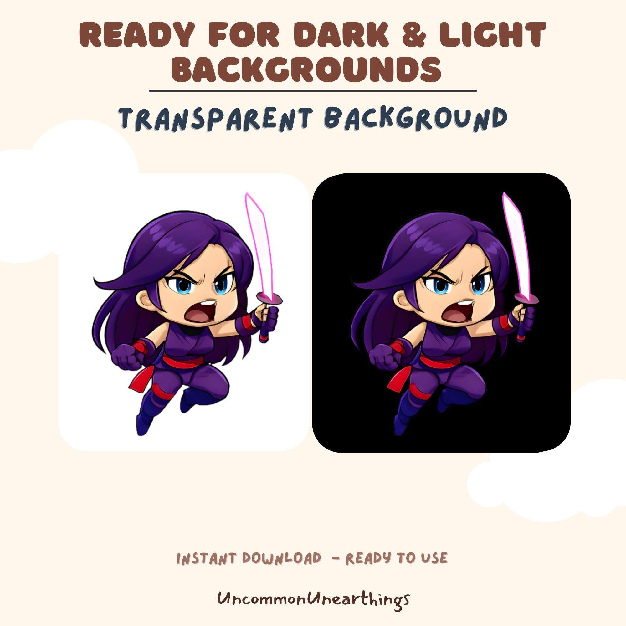Cute anime ninja girl chibi character emote with purple hair and sword, transparent background for dark and light themes