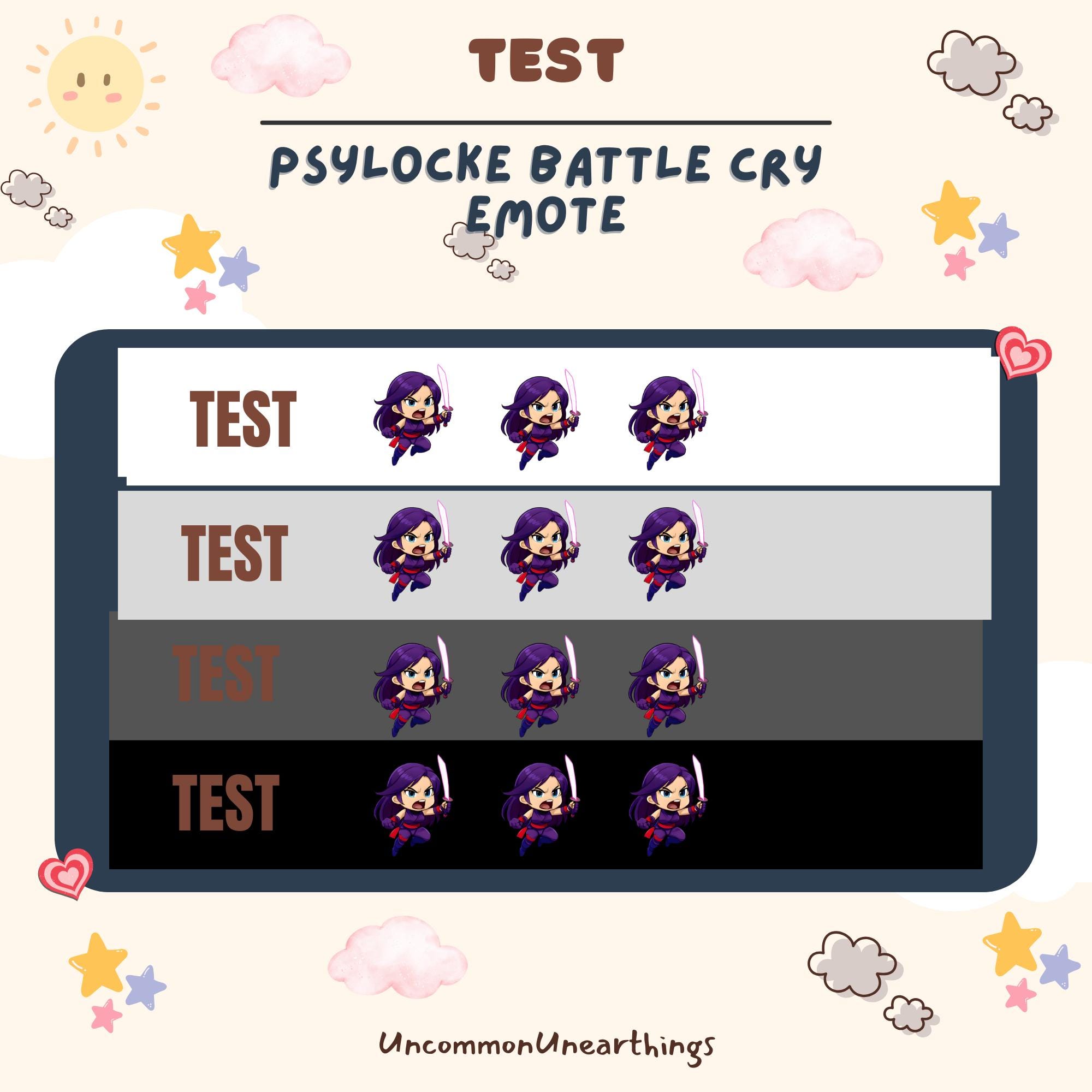Psylocke Battle Cry emote test sheet showing four variations of a purple-haired ninja character on different background co...