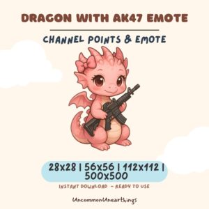 Dragon with AK47 Emote - Pink dragon holding rifle, cute gaming emote for Twitch and Discord channels, 28x28 to 500x500px
