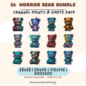26 horror bear emote bundle for Twitch and Discord in multiple sizes, instant download ready to use