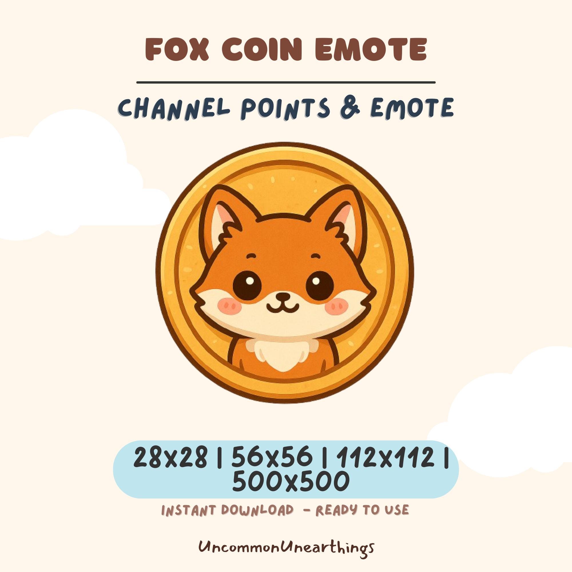 Fox Coin Emote for Twitch and Discord - Cute orange fox face in gold circle, 28x28 to 500x500 pixels