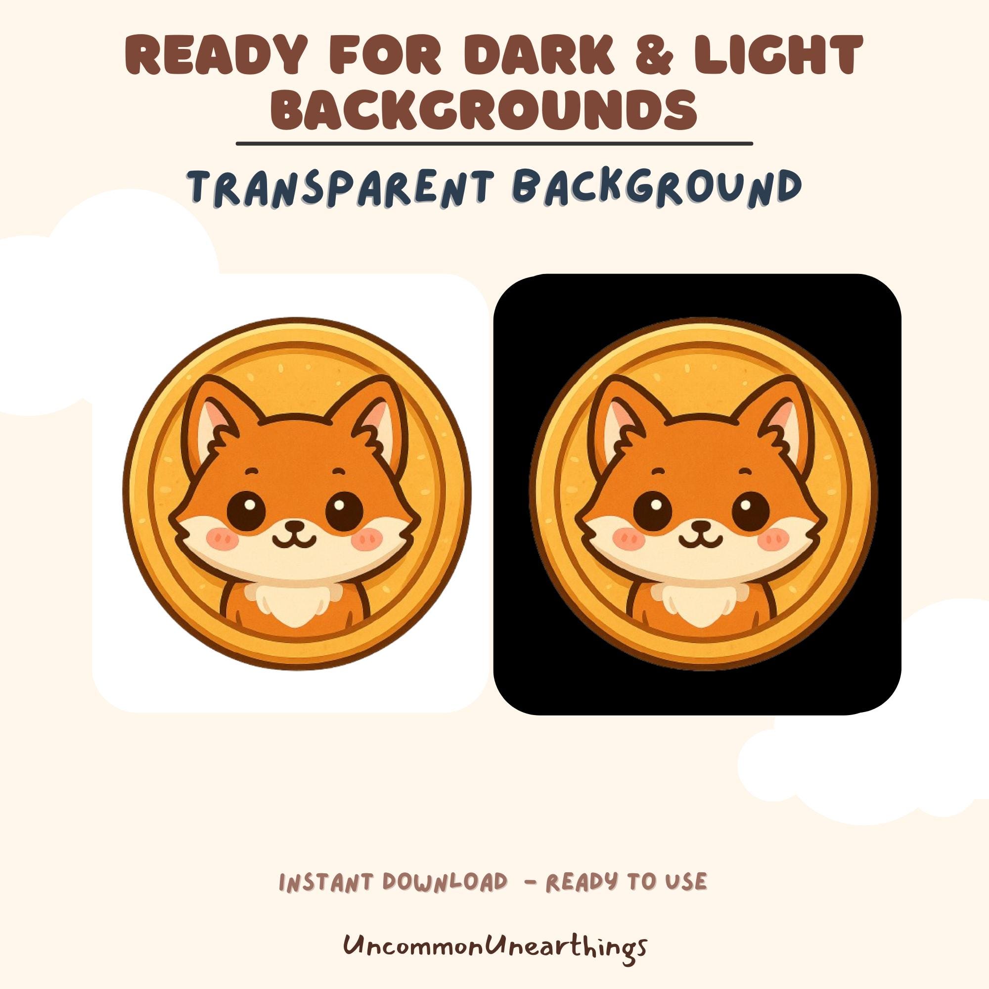 Cute fox coin emote with transparent background, ready for dark and light themes, instant download for Twitch and Discord
