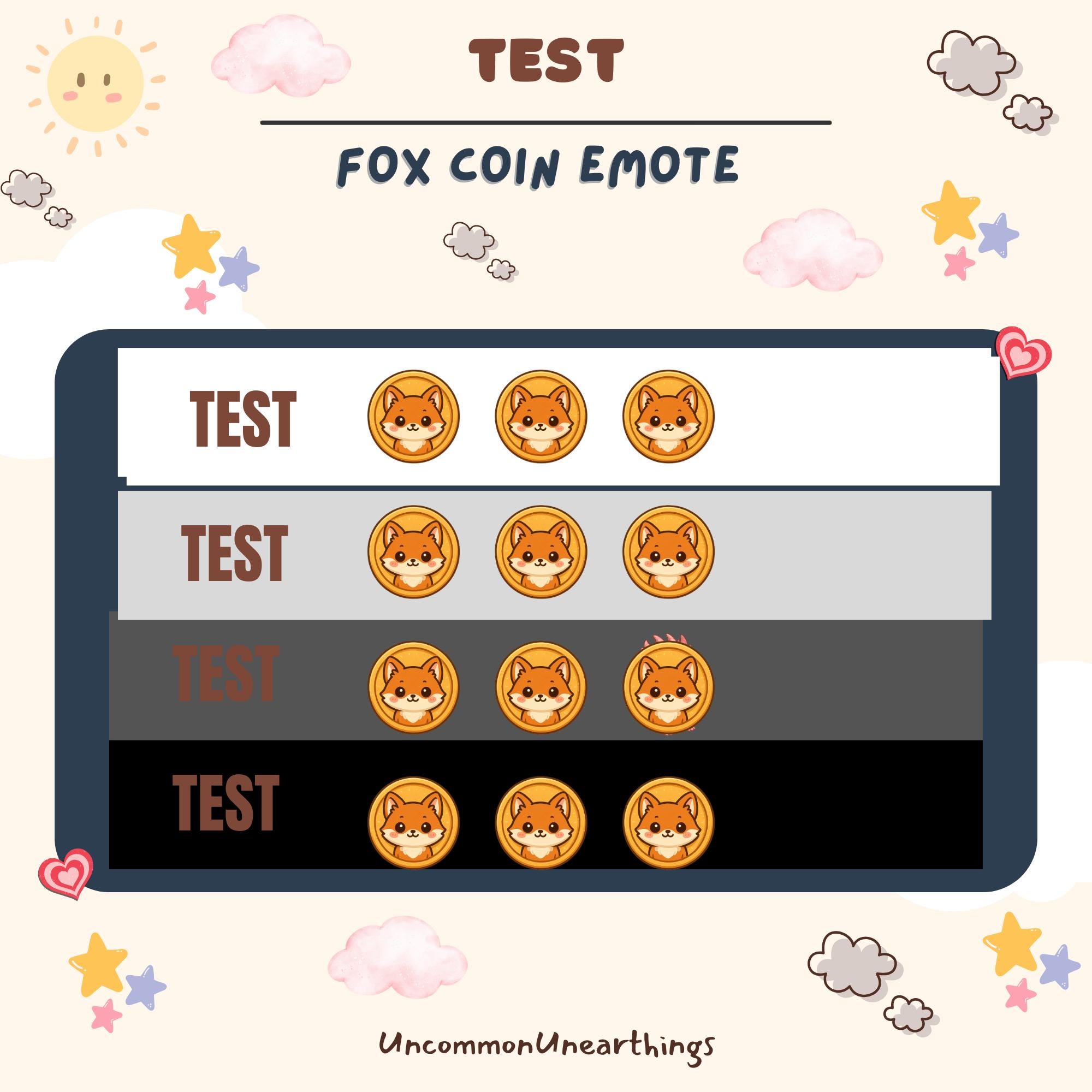 Fox coin emote test sheet showing cute orange fox face designs in 4 color variations for Twitch and Discord streaming
