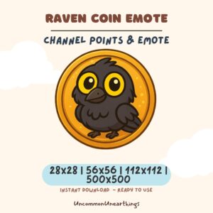 Raven coin emote for Twitch Discord, black bird with yellow eyes on gold coin, channel points emote 28x28 to 500x500 pixels