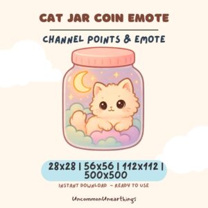 Cat Jar Coin Emote - Cute fluffy kitten in glass jar with moon and clouds, available in 28x28 to 500x500 pixels for Twitch...