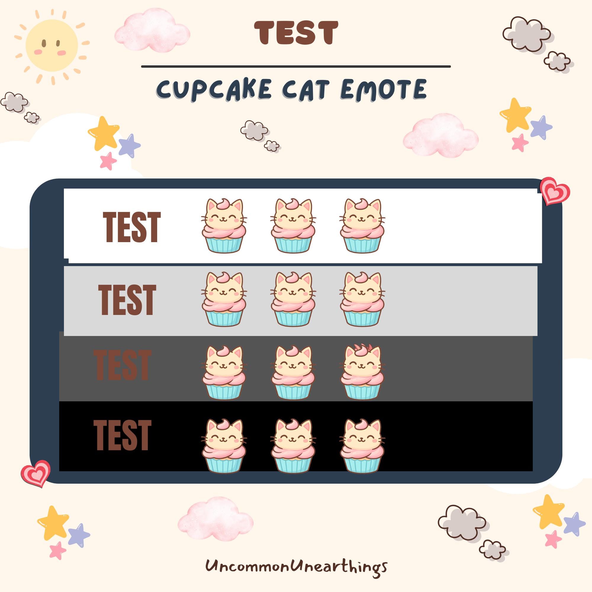 Cute cupcake cat emote test sheet showing 4 variations with pink frosting on blue cupcakes against different background co...