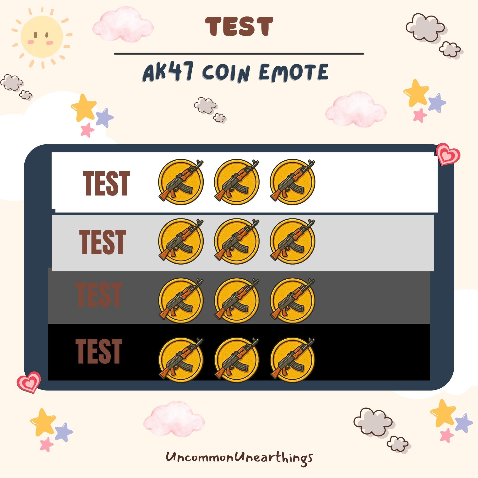 AK47 coin emote test display showing rifle weapon icon on gold coins in four variations for Twitch Discord streaming
