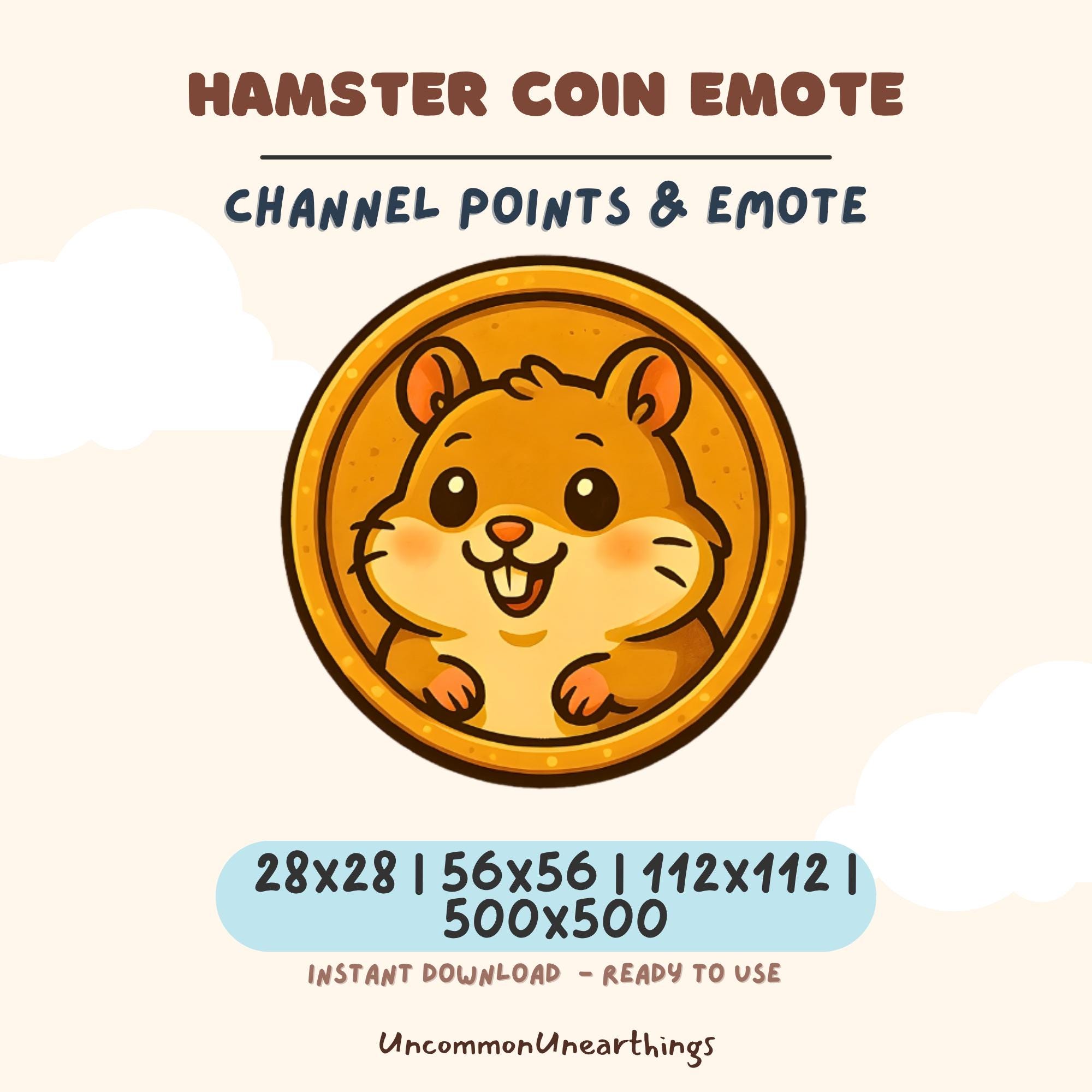 Hamster coin emote for Twitch and Discord, cute happy character in gold circle, channel points and streaming emoticon