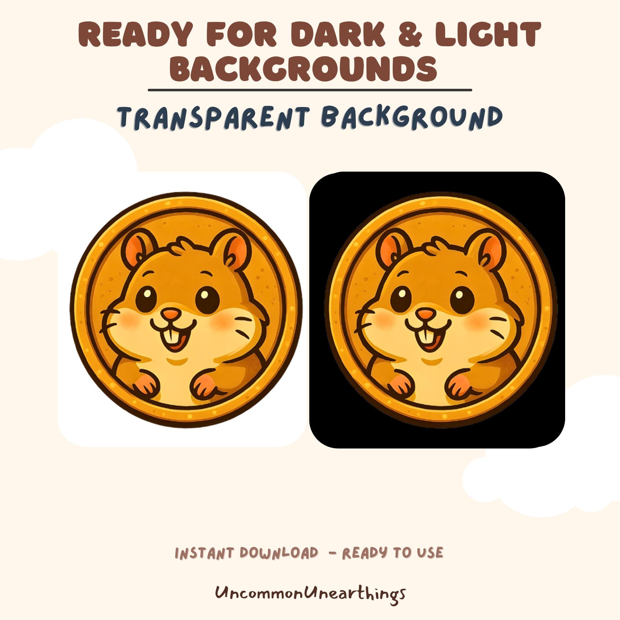 Cute hamster coin emoji with transparent background, ready for dark and light backgrounds, instant download for Twitch Dis...