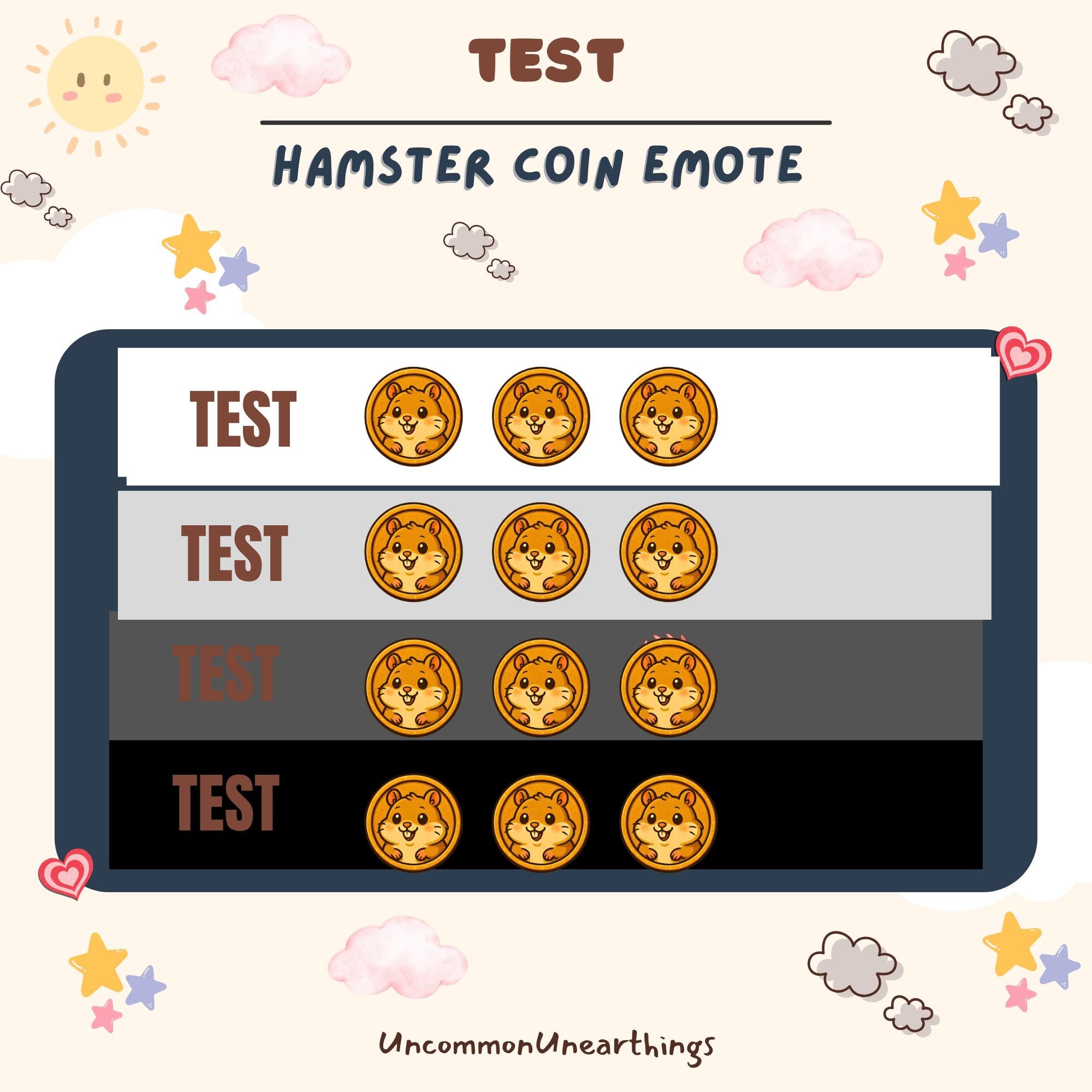 Hamster coin emote test sheet showing 4 cute golden hamster designs for Twitch and Discord streaming platforms