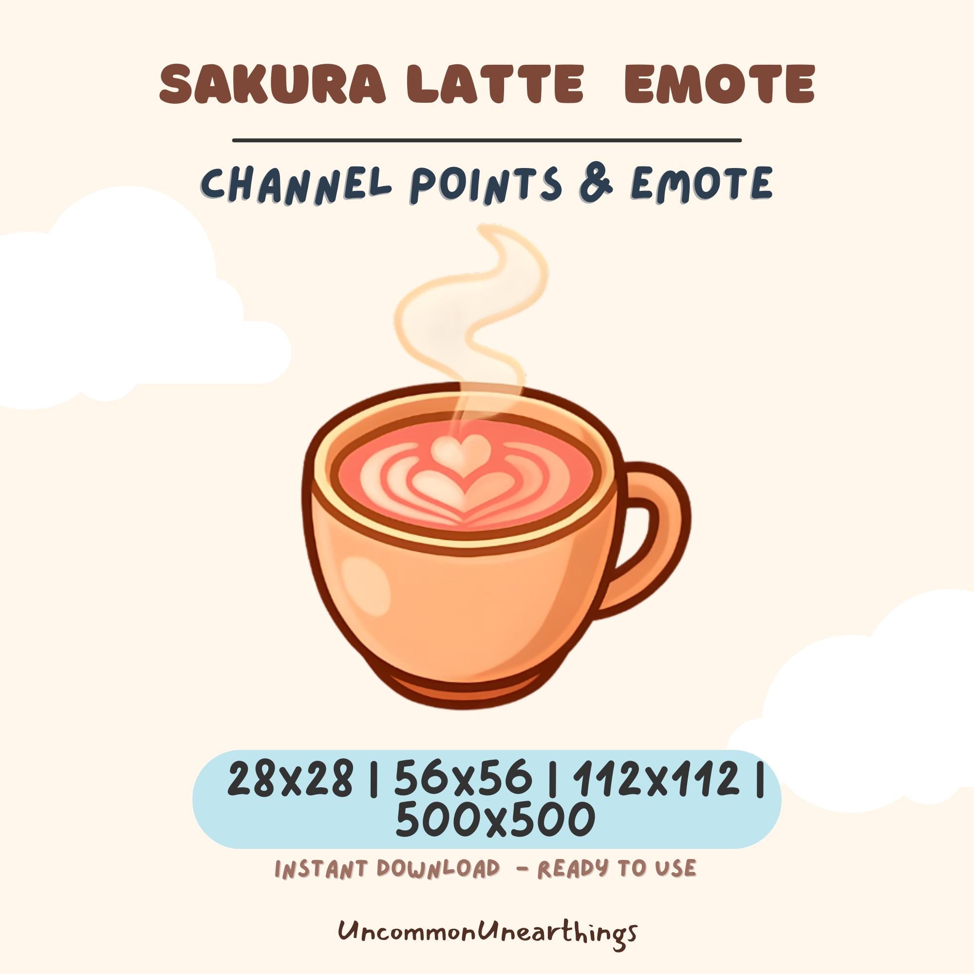 Sakura Latte Emote with heart latte art, available in 4 sizes for Twitch and Discord channels