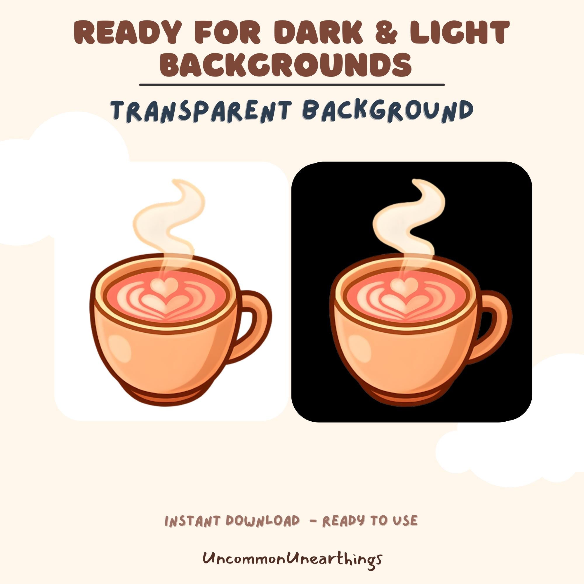 Coffee latte emote with heart latte art, transparent background, light and dark versions for streaming