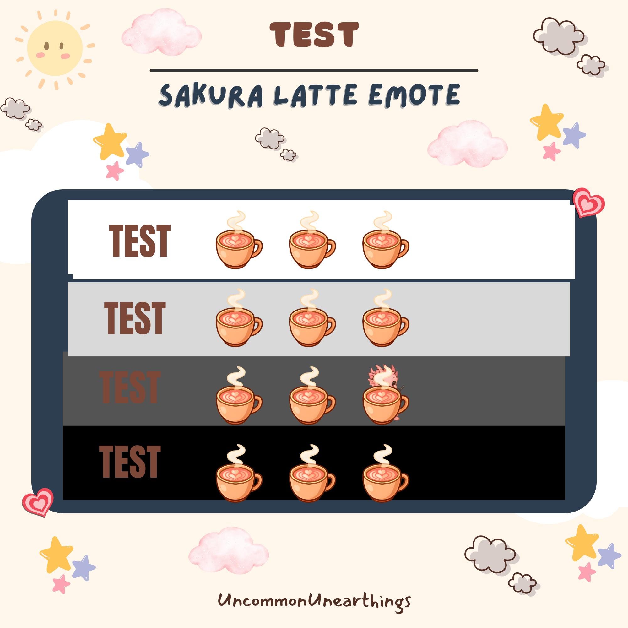 Sakura Latte Emote Test Chart - Coffee Cup Emotes for Twitch and Discord Streaming Platforms