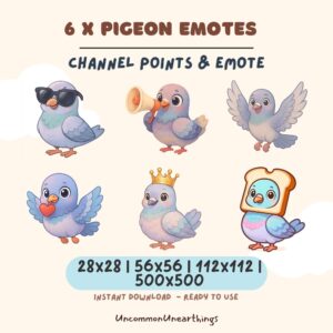 6 cute pigeon emotes for Twitch and Discord streaming in multiple sizes