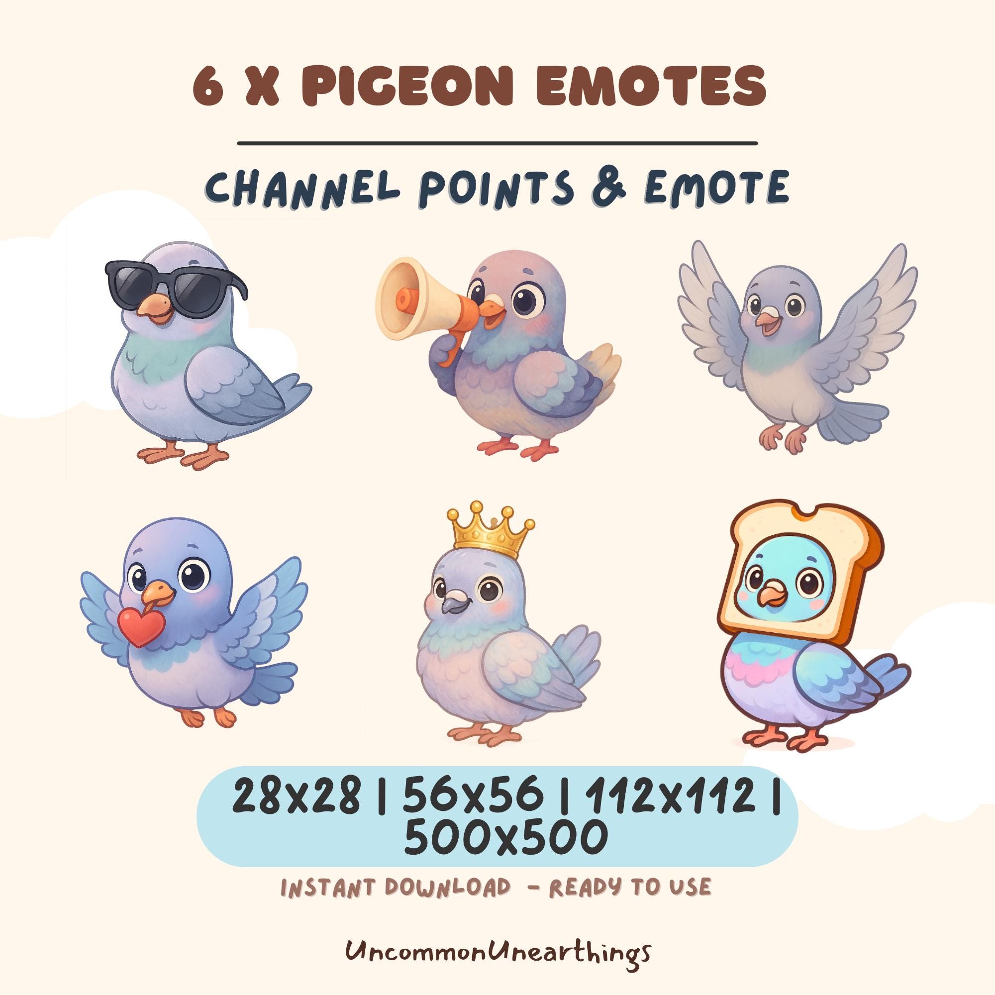 6 cute pigeon emotes for Twitch and Discord streaming in multiple sizes