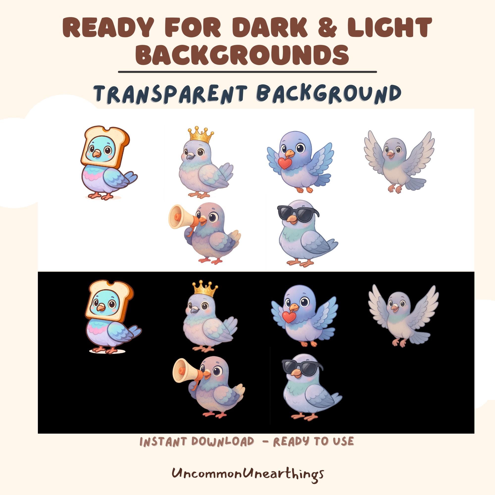 Cute bird emotes with transparent background, ready for dark and light backgrounds, instant download for Twitch Discord