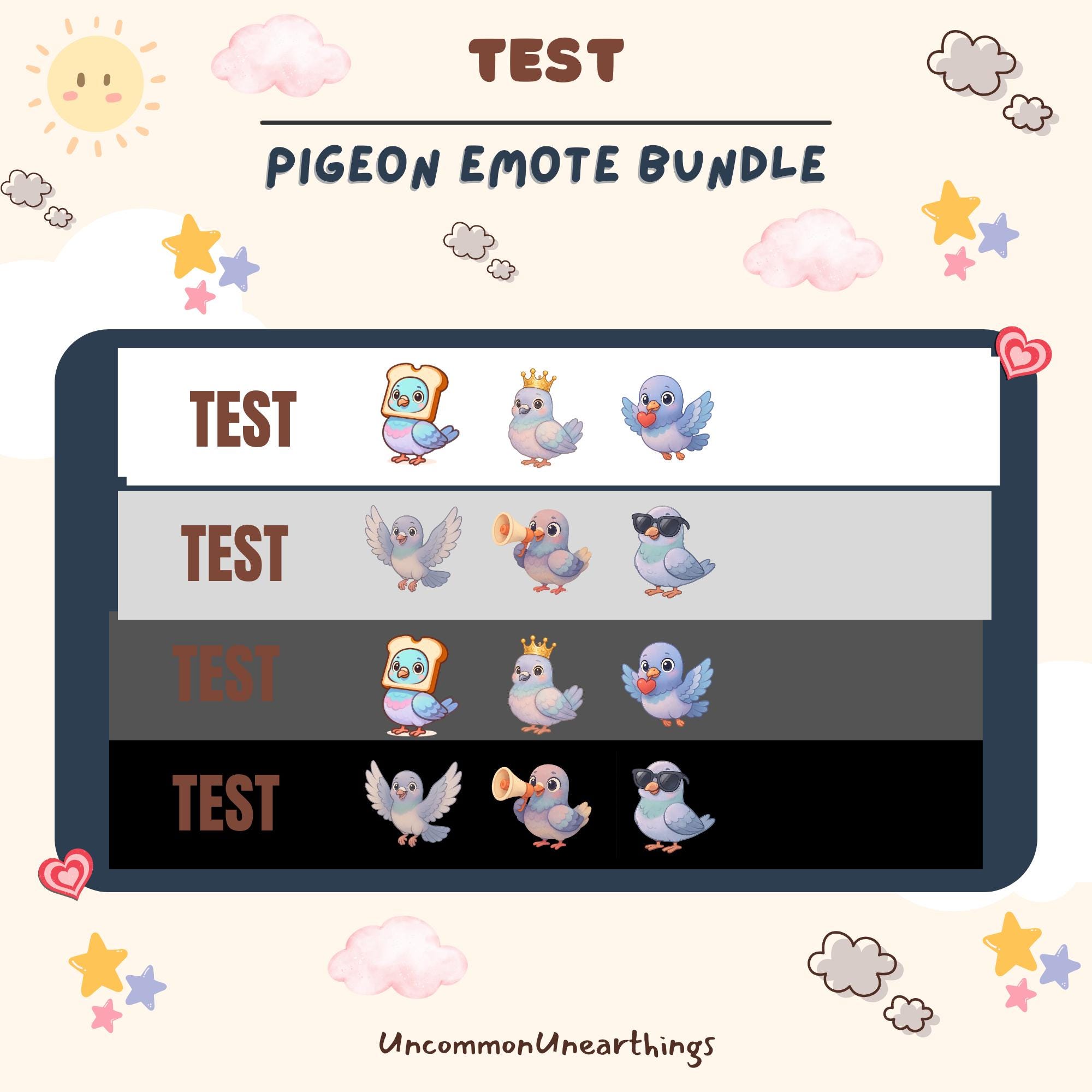 Pigeon emote bundle featuring cute animated bird characters in various poses and expressions for Twitch and Discord streaming