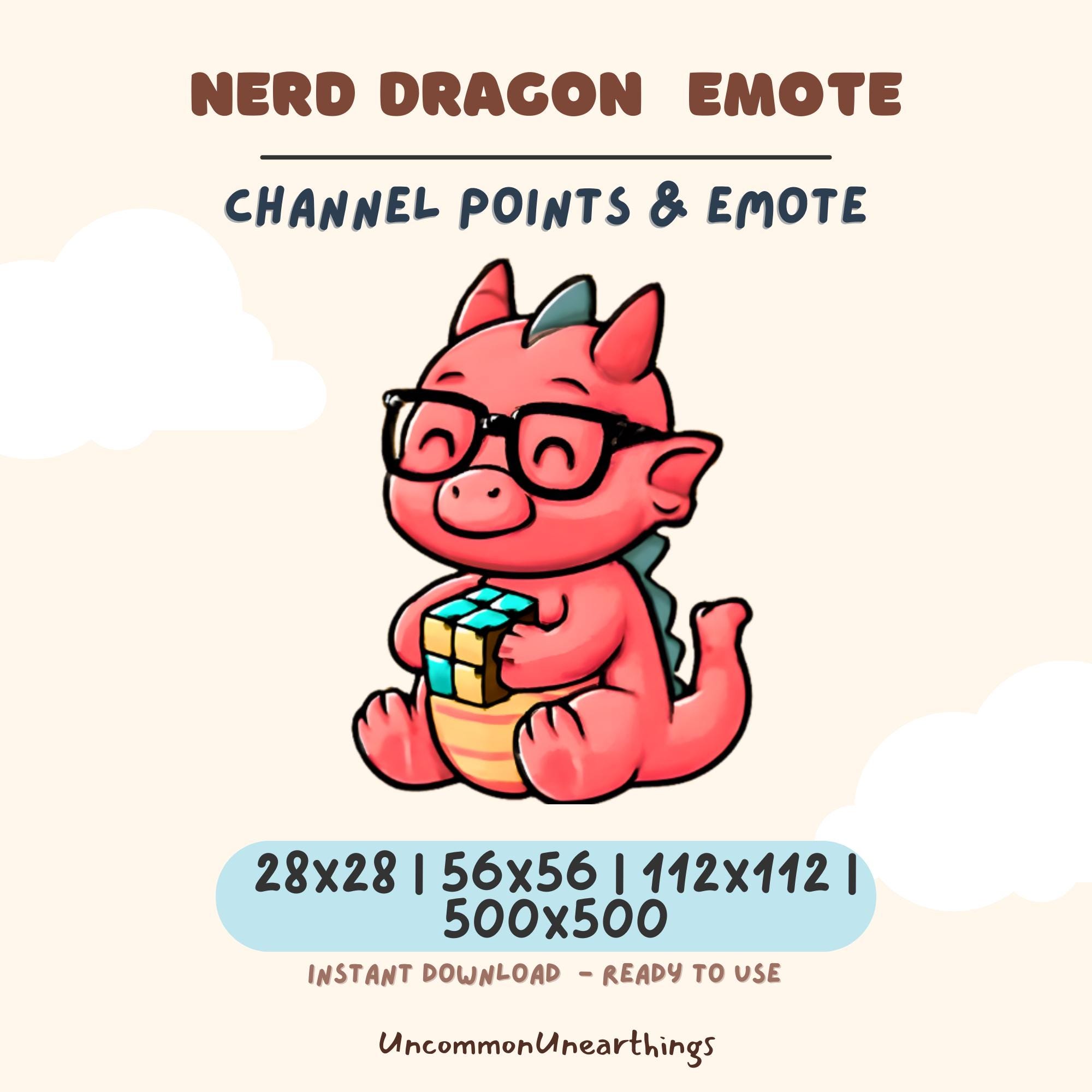 Nerd Dragon Emote - Pink dragon with glasses holding Rubik's cube, available in 28x28 to 500x500 pixels for Twitch Discord