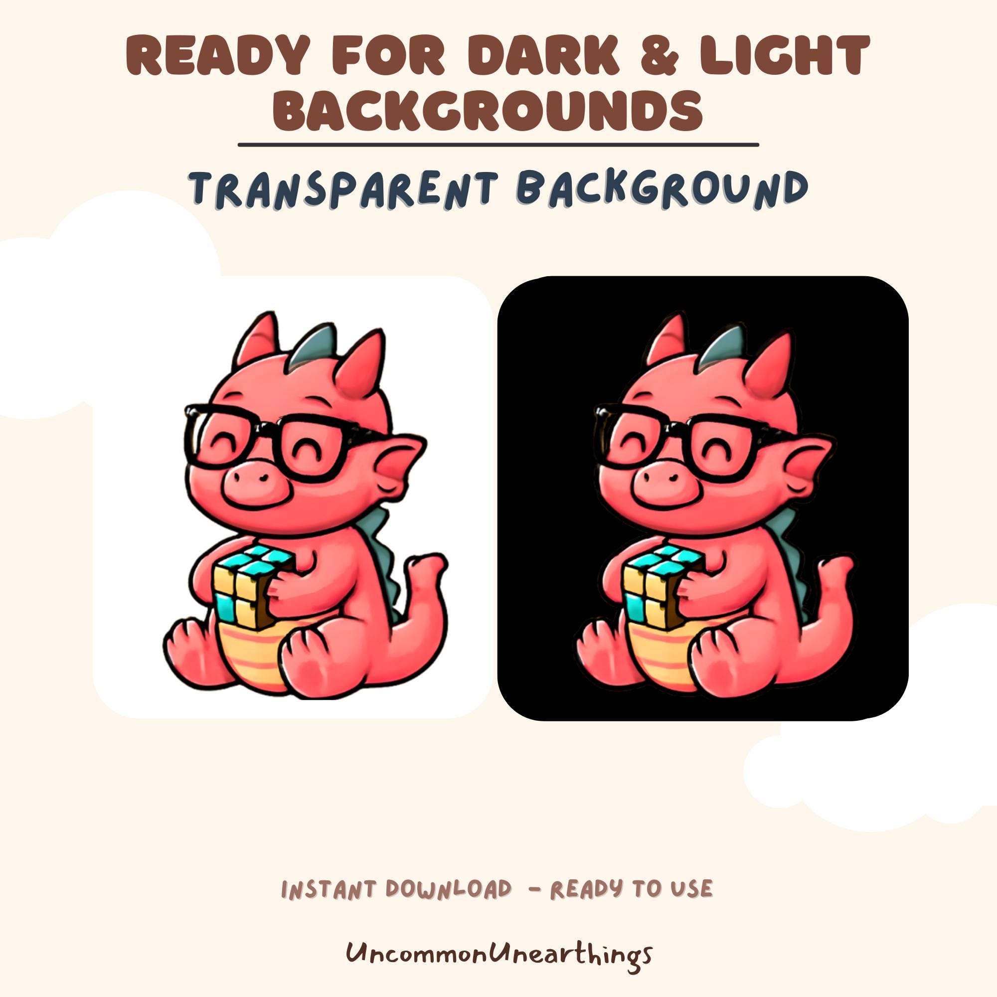 Cute pink dragon with glasses holding Rubik's cube, transparent background emote for dark and light backgrounds
