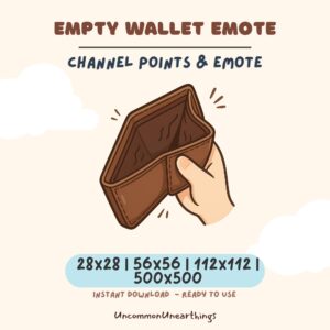 Empty wallet emote for Twitch and Discord, brown wallet illustration in multiple sizes for channel points and streaming