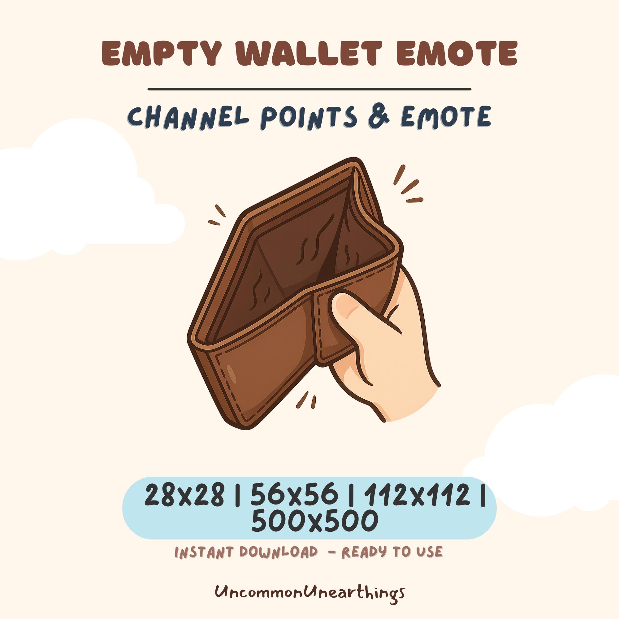 Empty wallet emote for Twitch and Discord, brown wallet illustration in multiple sizes for channel points and streaming