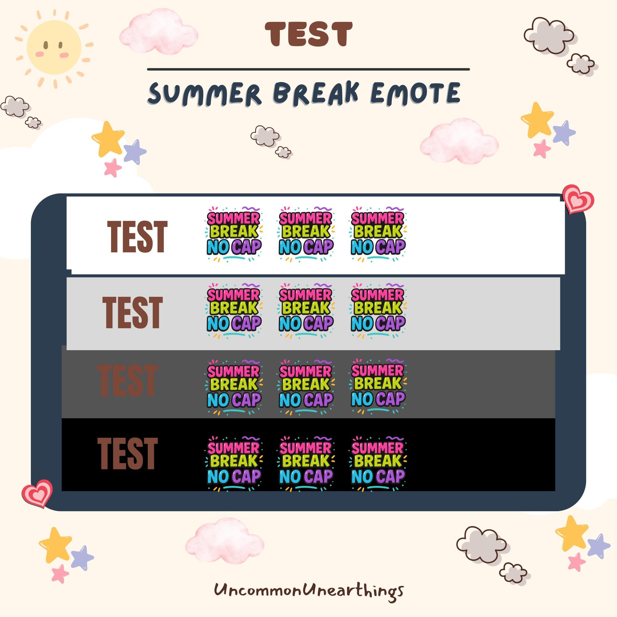 Summer Break No Cap Emote Test Pack for Twitch Discord Gaming Streamer Chat Colorful Animated Emojis