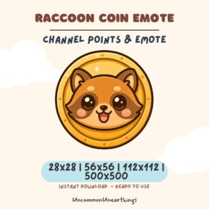 Cute raccoon coin emote for Twitch and Discord, available in 28x28 to 500x500 pixels, instant download