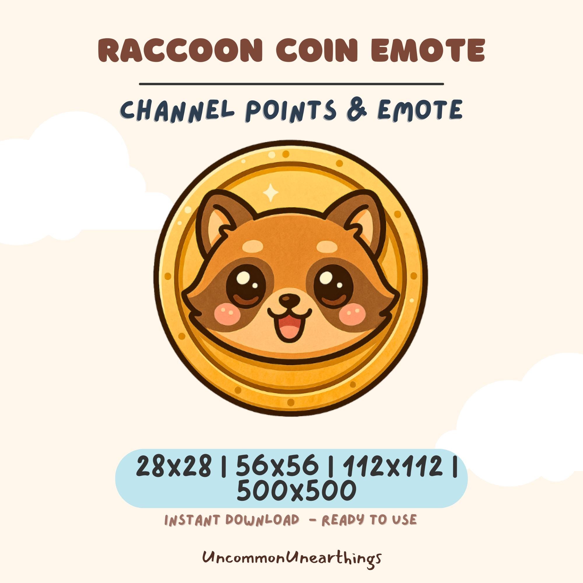 Cute raccoon coin emote for Twitch and Discord, available in 28x28 to 500x500 pixels, instant download