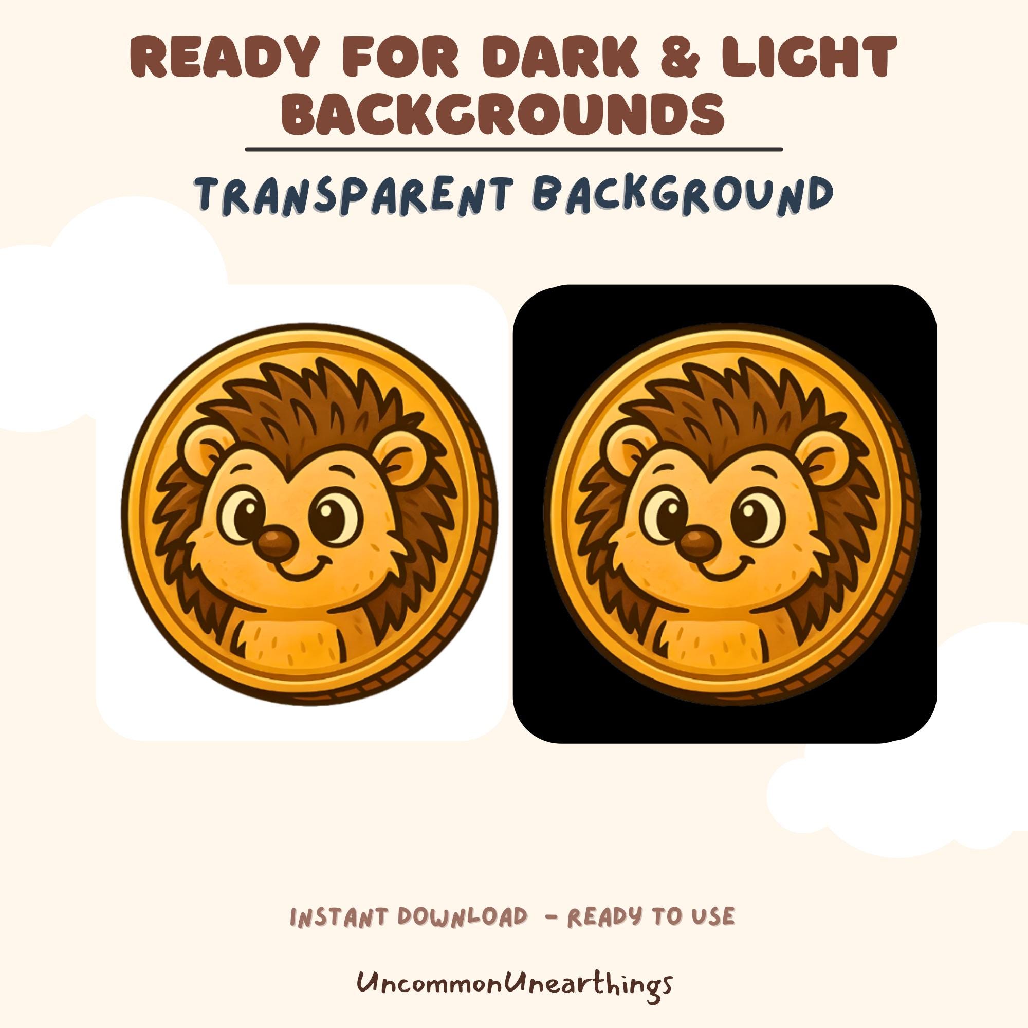 Cute hedgehog coin emote with transparent background, ready for dark and light backgrounds, instant download for Twitch Di...