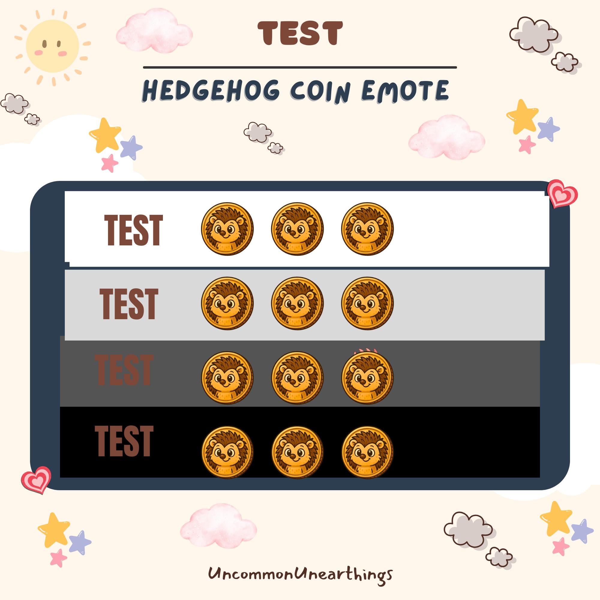 Hedgehog coin emote test sheet showing 4 rows of cute golden hedgehog face emoticons for Twitch and Discord streaming plat...