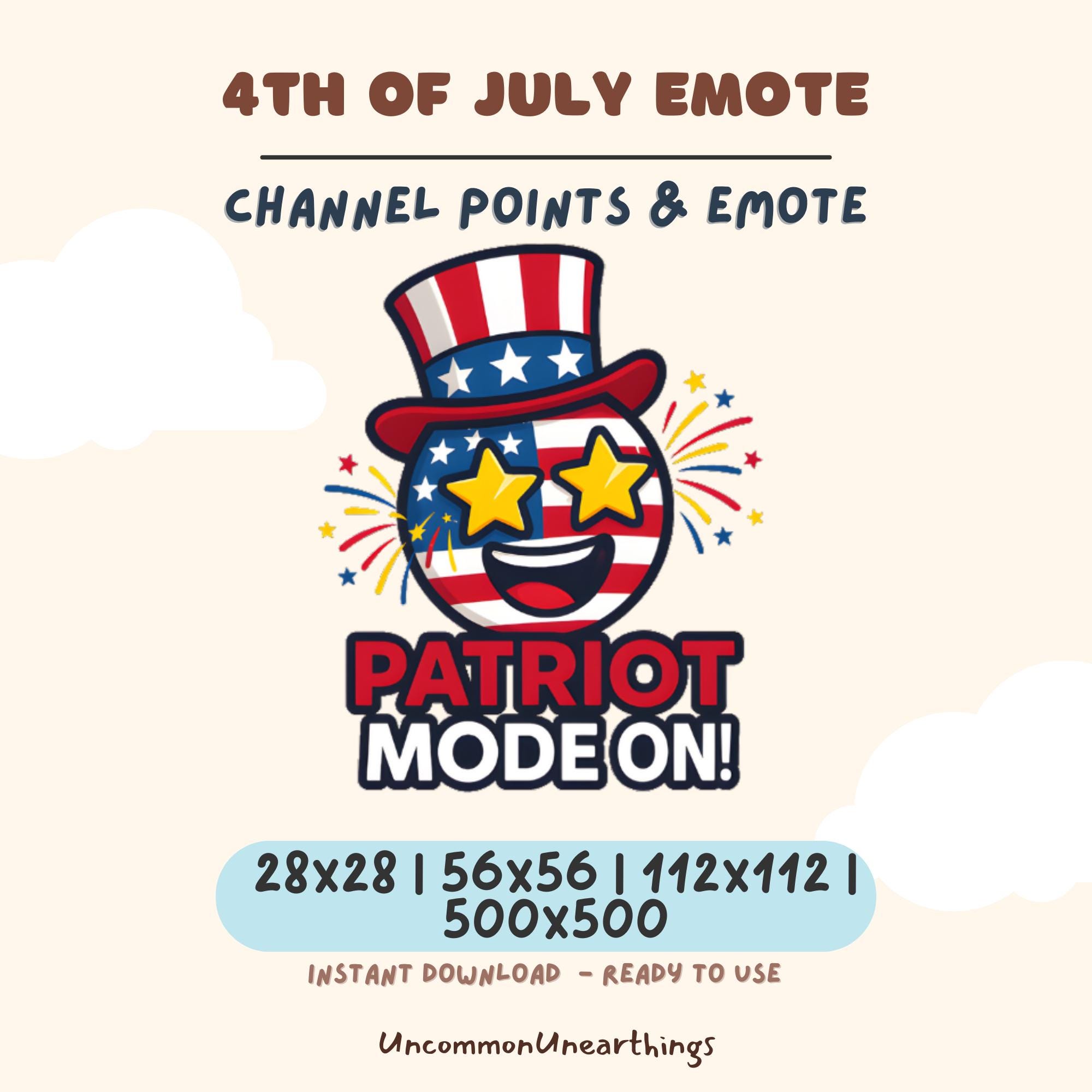 4th of July Patriot Mode On Twitch Discord emote with star eyes and Uncle Sam hat, red white blue design