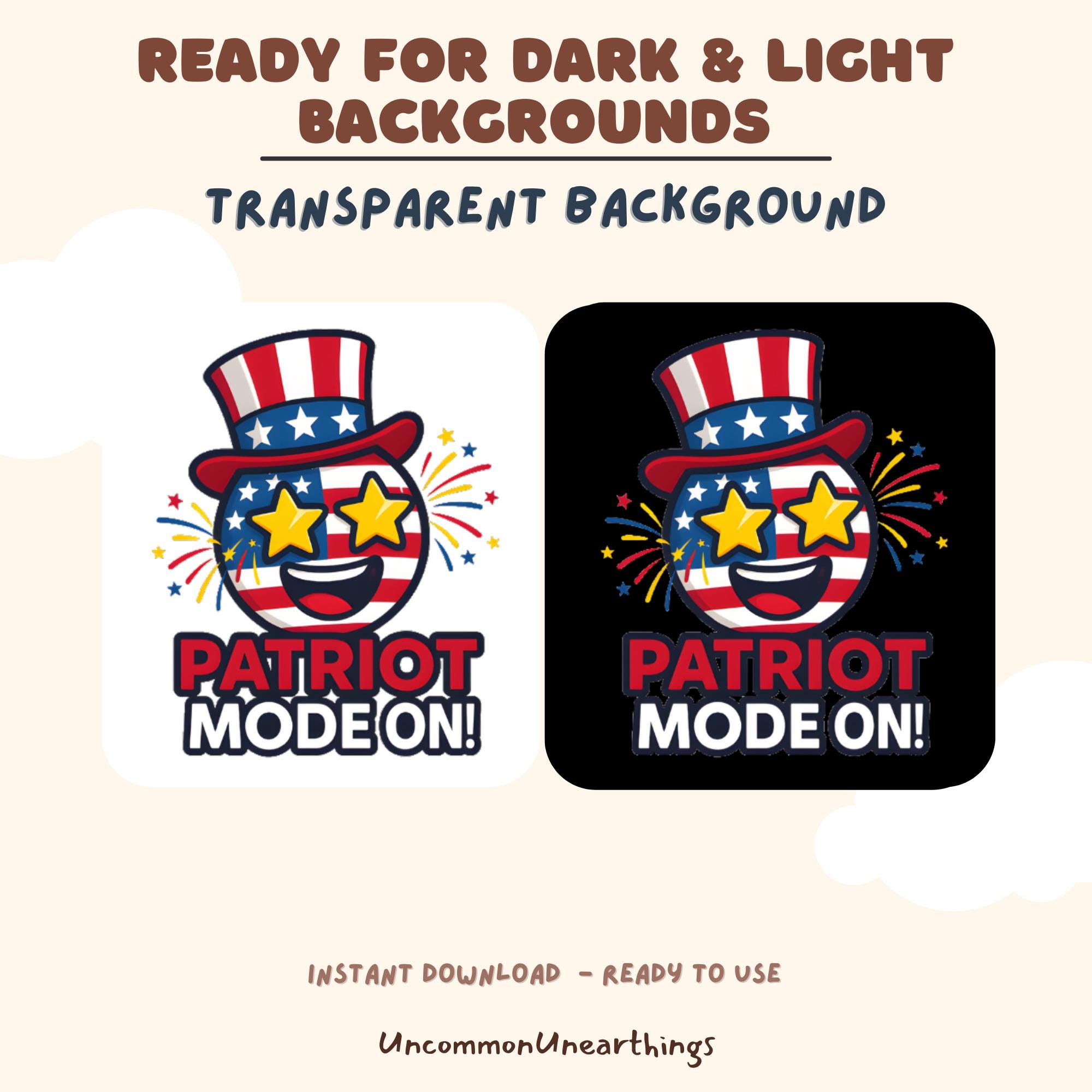 Patriot Mode On emoji with USA flag top hat and star eyes, transparent background, light and dark versions