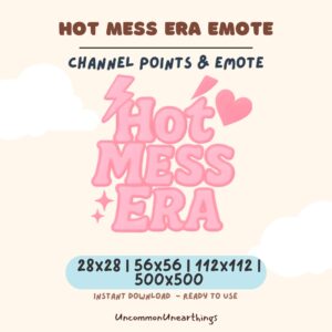 Hot Mess Era pink Twitch emote with lightning bolt and heart design, 28x28 to 500x500 pixels