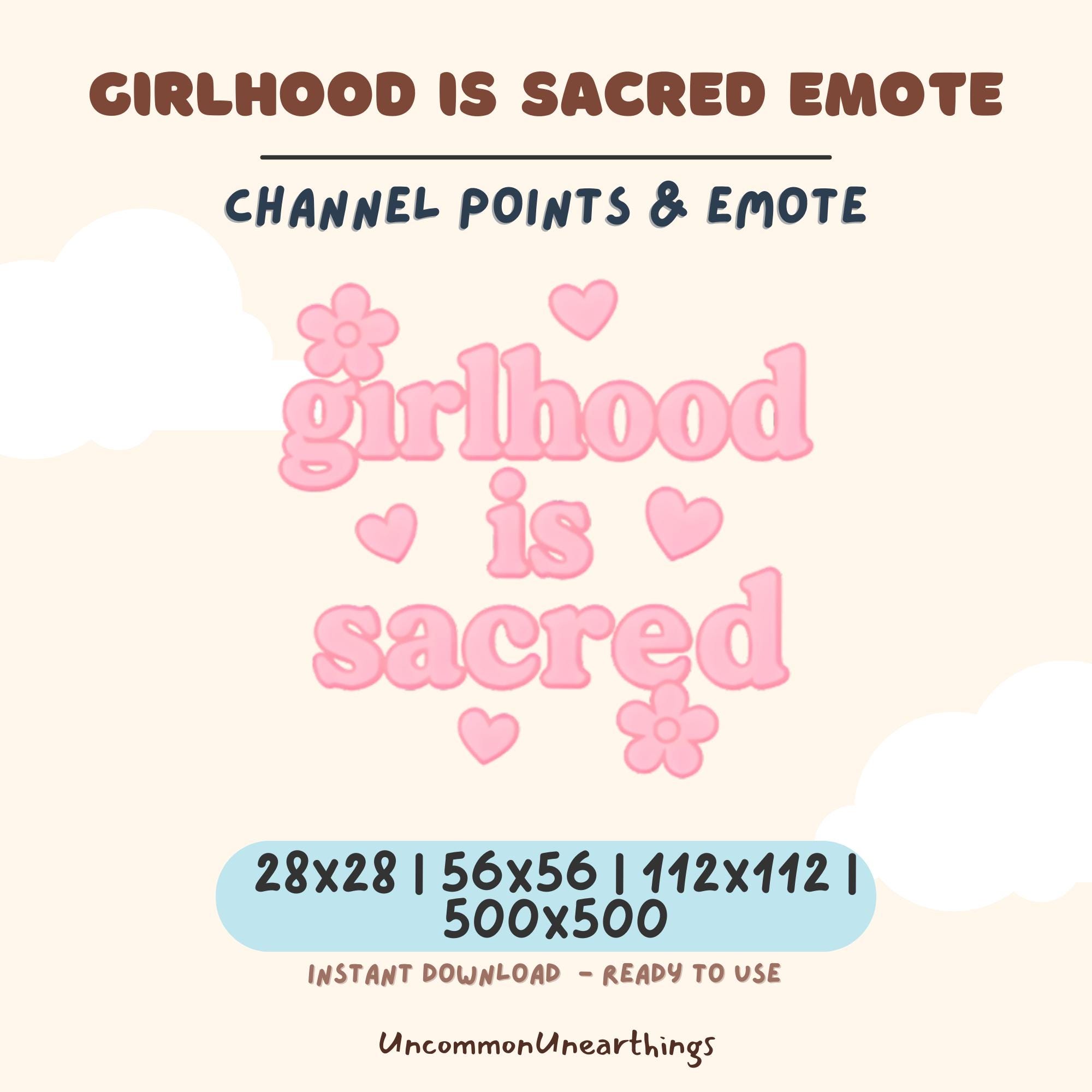 Girlhood is Sacred pink Twitch Discord emote with hearts and flowers, 28x28 to 500x500px instant download