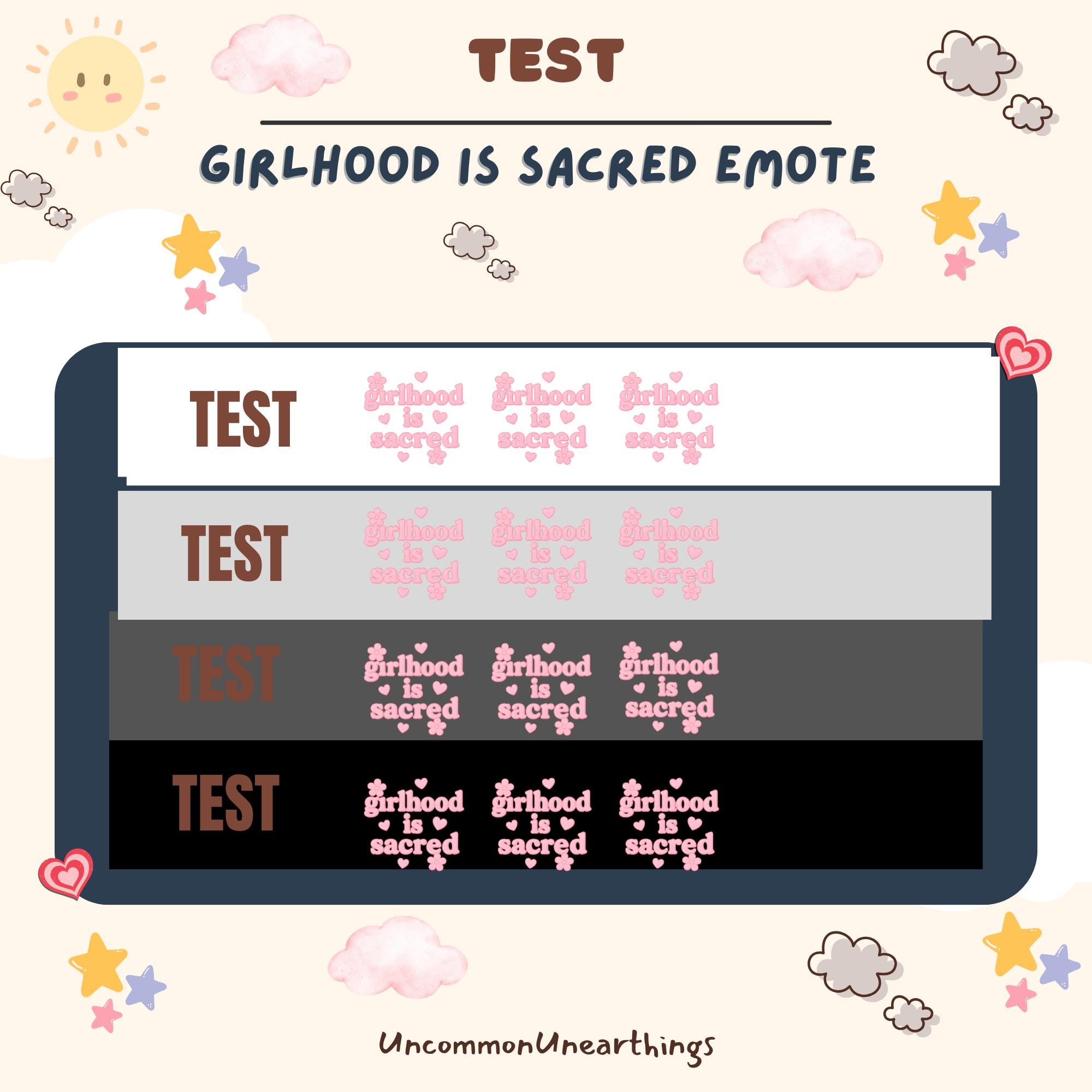 Girlhood is Sacred Emote Test Display - Pink Heart Text Variations on Multiple Background Colors