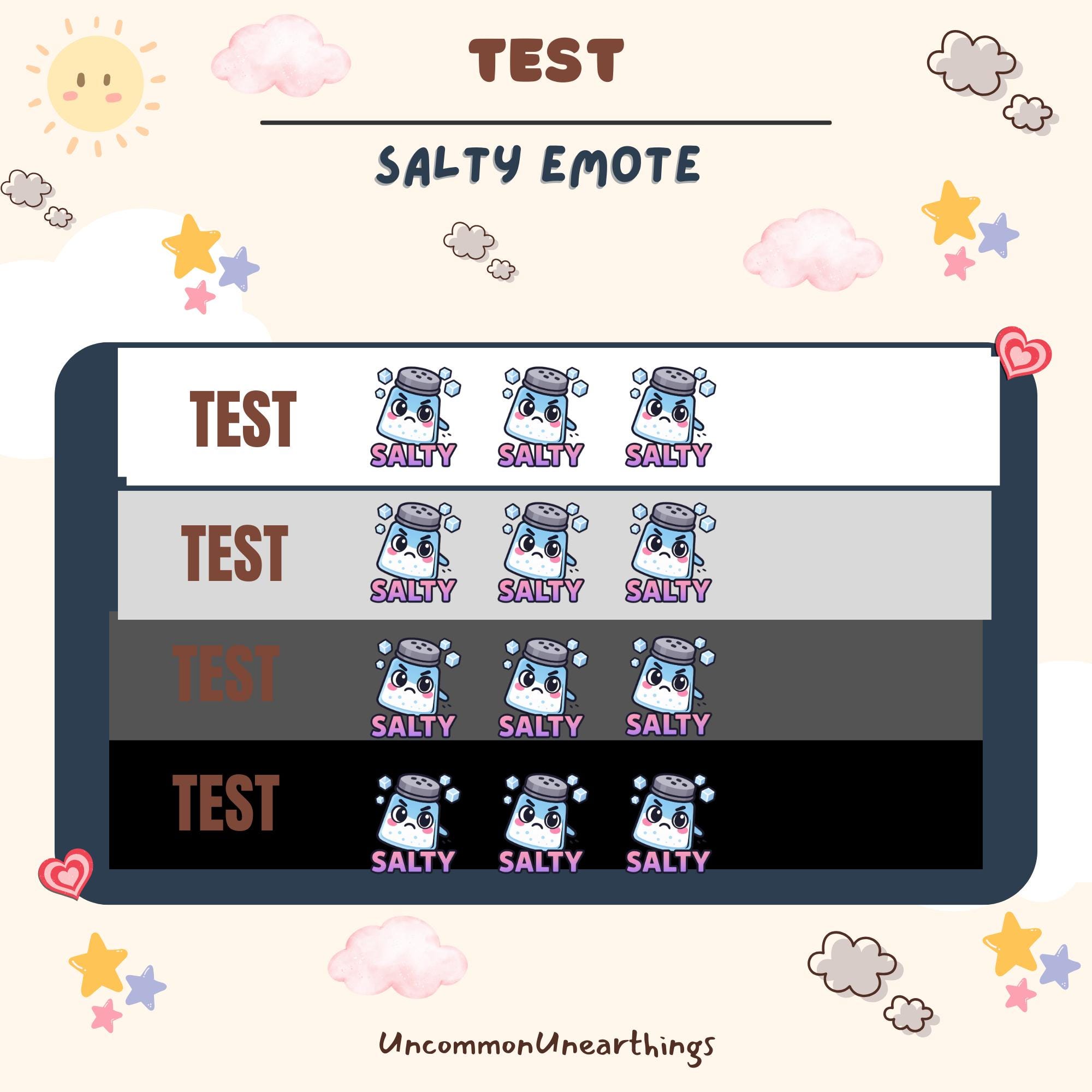 Salty Emote Test Chart showing cute crying character emote in four color variations against gradient backgrounds