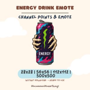 Energy drink emote for Twitch and Discord channels. Colorful animated can held by hands in multiple sizes for streaming.