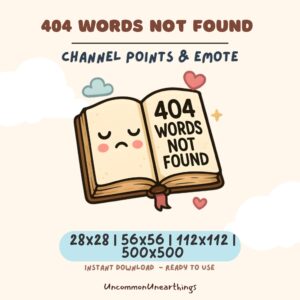 404 words not found cute book emote for Twitch Discord, channel points emoticon asset