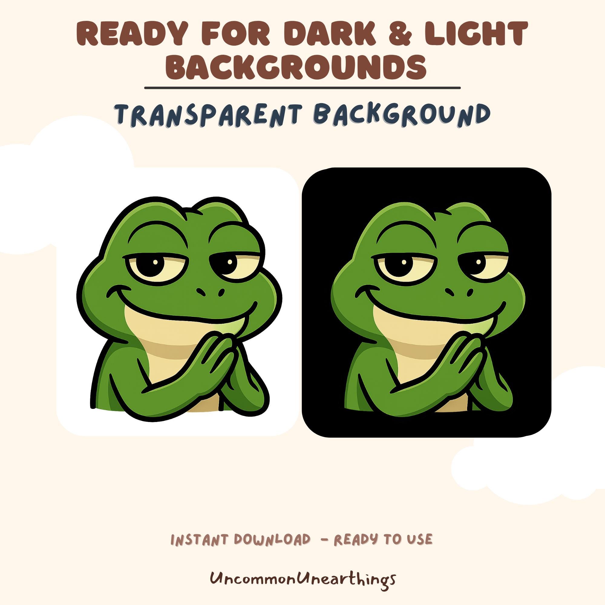 Cute green frog emote with transparent background, ready for dark and light backgrounds, instant download