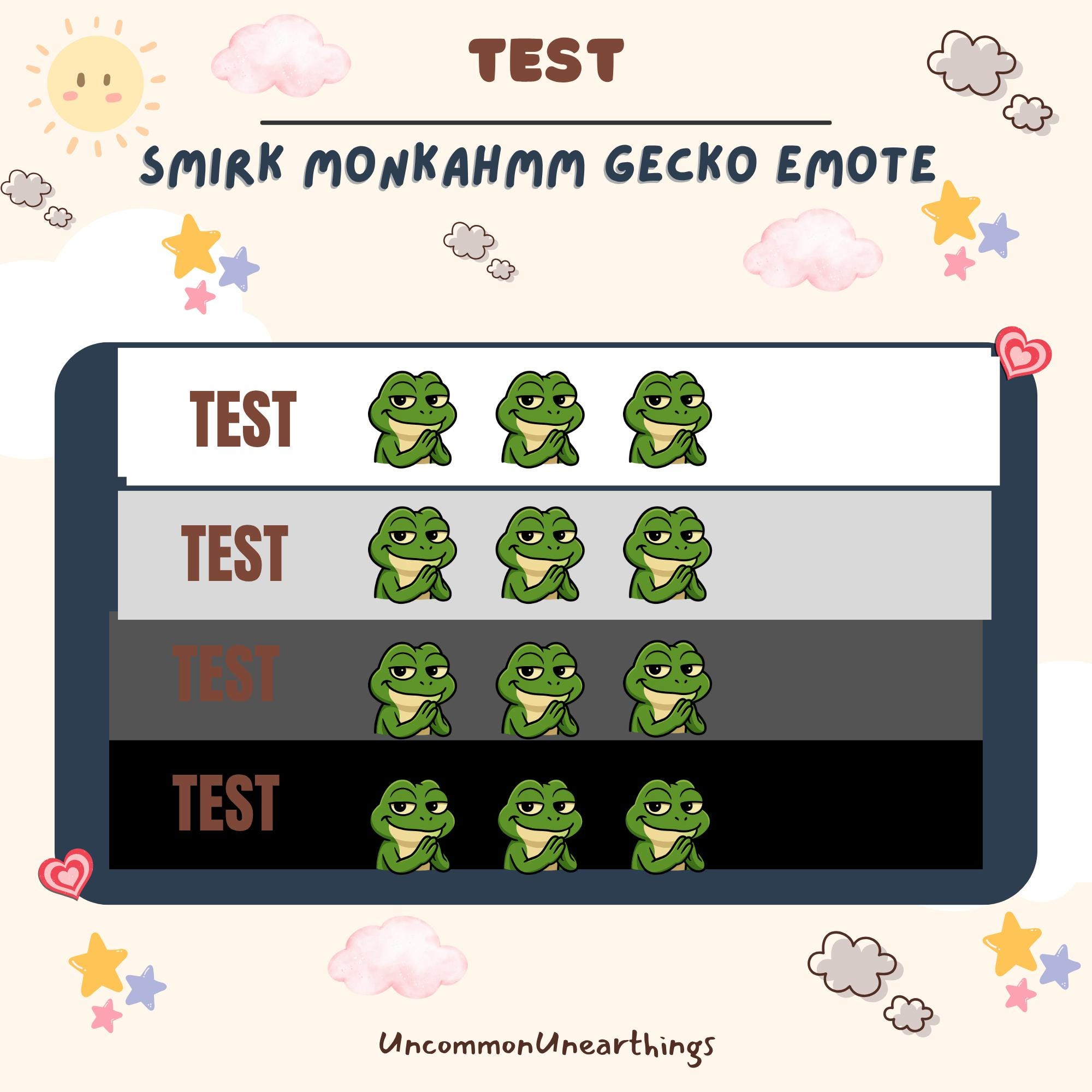 Smirk Monkahmmm Gecko Emote Test Sheet - 4 Cute Green Gecko Expressions for Twitch and Discord