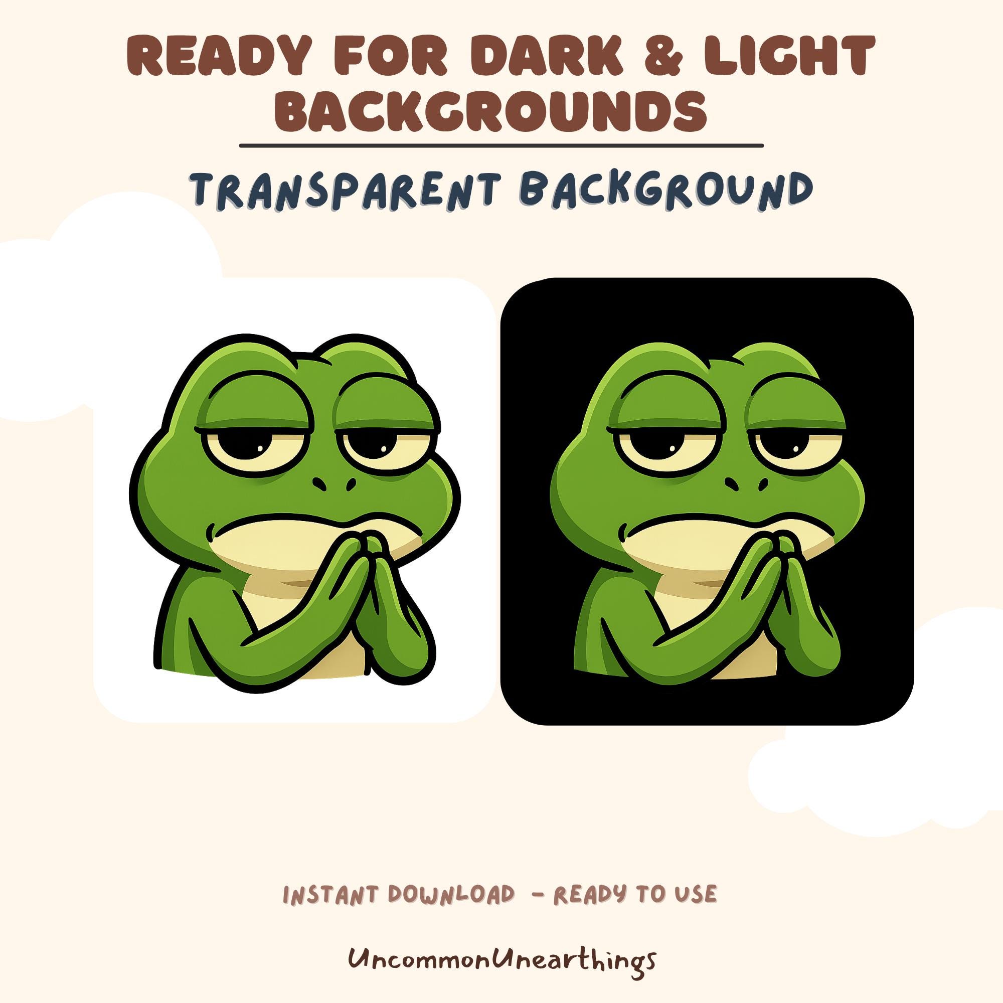Cute green frog emoticon with transparent background, ready for dark and light backgrounds, instant download