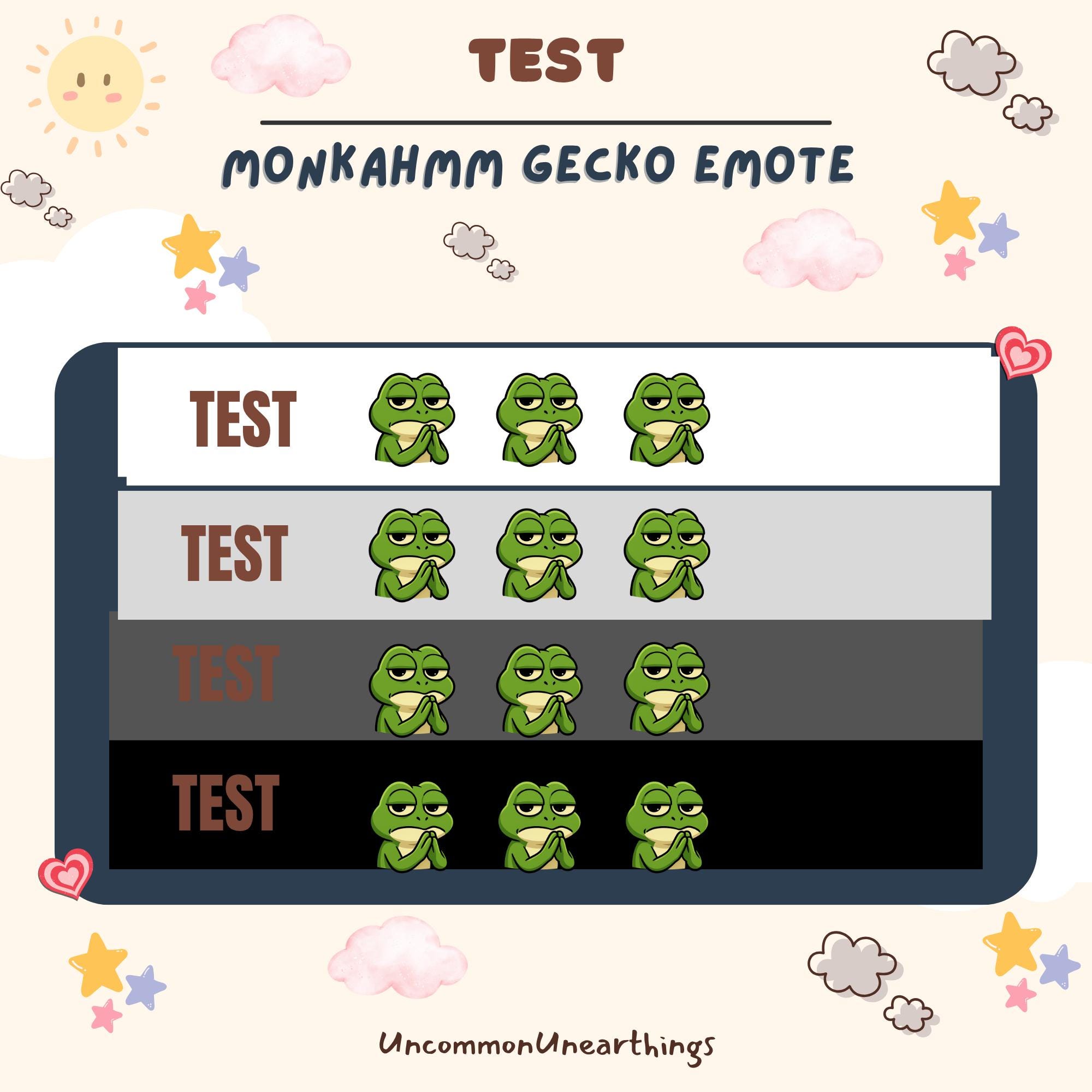 Monkah Gecko Emote Test Sheet - Four green gecko characters with closed eyes and hands to face expression on different bac...