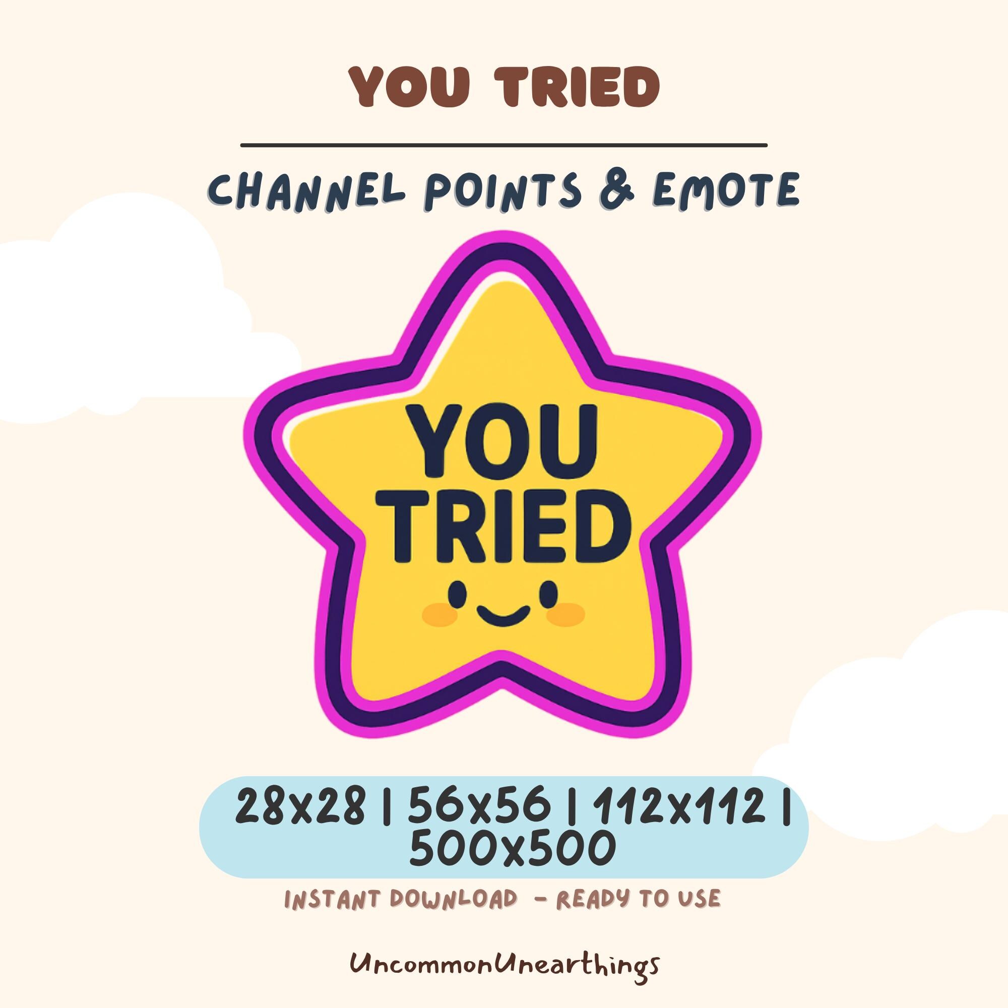 You Tried yellow star emote with cute face, Twitch Discord channel points badge, 28x28 to 500x500 pixels