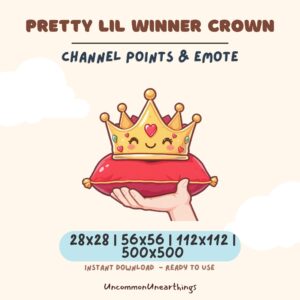 Pretty Lil Winner Crown emote - gold crown with heart eyes on red cushion, channel points and Discord emote asset