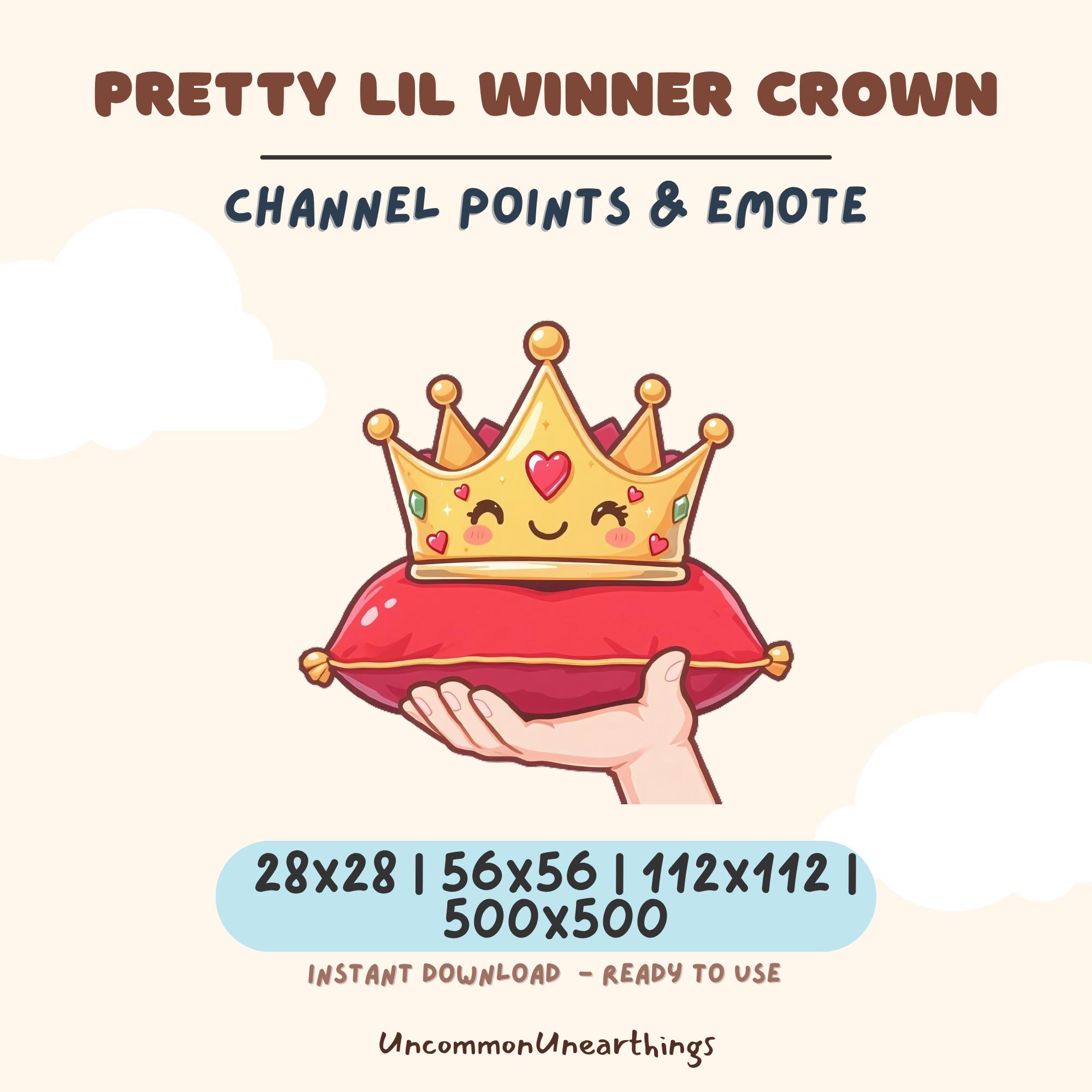 Pretty Lil Winner Crown emote with heart eyes and smiling face, gold crown on red cushion pillow, Twitch Discord channel p...
