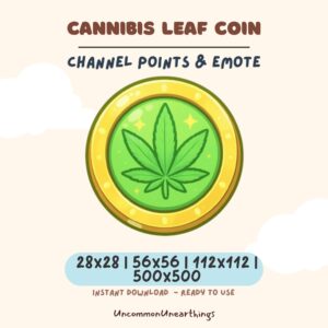 Cannabis leaf coin emote for Twitch and Discord channels, green leaf on gold coin design in multiple sizes